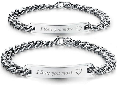 I Love You More 2Pcs Matching Couples Bracelets Stainless Steel Engraved Nameplate Adjustable Personalized Bracelets Set Gift for Couples Best Friends Love U More Most