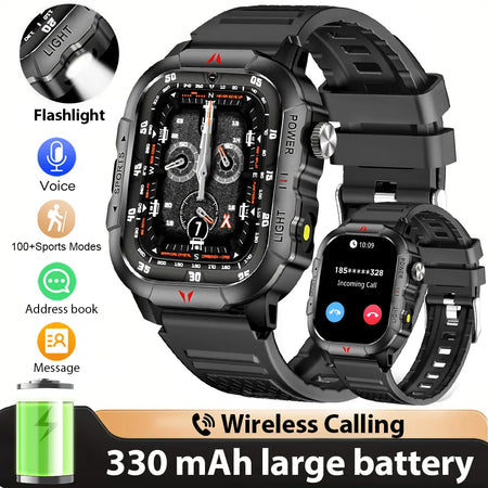 2025 New Men Smart Watch LED Flashlight BT Call 100+ Sports Modes Health Monitoring IP68 Waterproof Outdoor Smart Watch