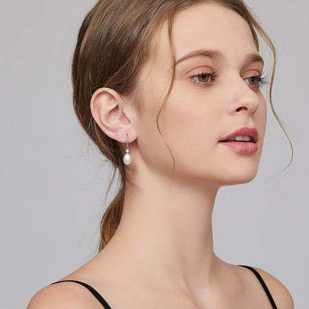 18K White Gold Plated Pearl Earrings, 925 Sterling Silver Pearl Drop Earrings for Women, Trendy Hook Jewelry