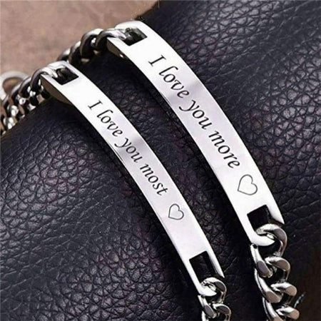 I Love You More 2Pcs Matching Couples Bracelets Stainless Steel Engraved Nameplate Adjustable Personalized Bracelets Set Gift for Couples Best Friends Love U More Most
