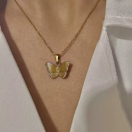 JEWELRY 18K Yellow Gold-Filled Butterfly Pendant Necklace for Women Non-Tarnish - Comfortable Fit 18"