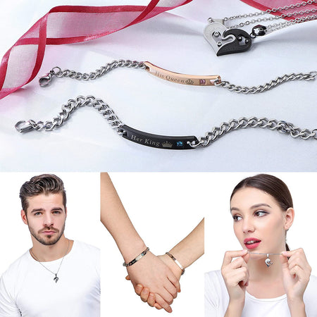 4Pcs Couple Necklace Bracelets Matching Set for Women Men Love Heart Pendant Necklace His & Hers Bracelets Couple Gift