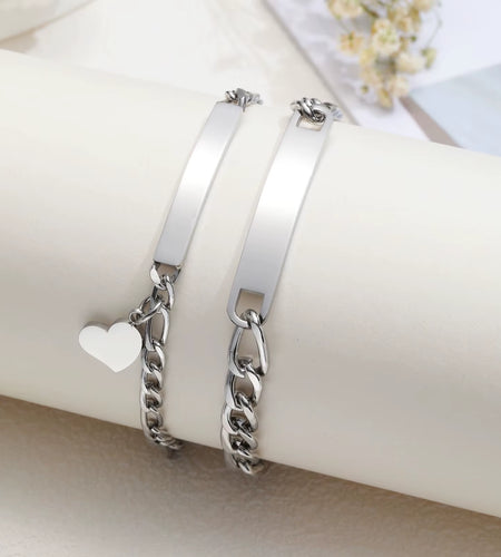 Custom Valentines Day Gift Jewelry for Couples, Love Promise Bracelets for Women Men, Heart Charm Figaro Chain Bracelets