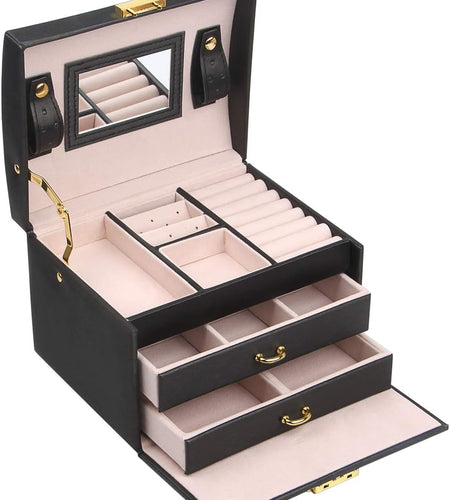 Jewelry Box 3-Layer Display Jewelry Box & Organizers with Lock and Mirror Portable Travel Jewelry Boxes for Women (Black)