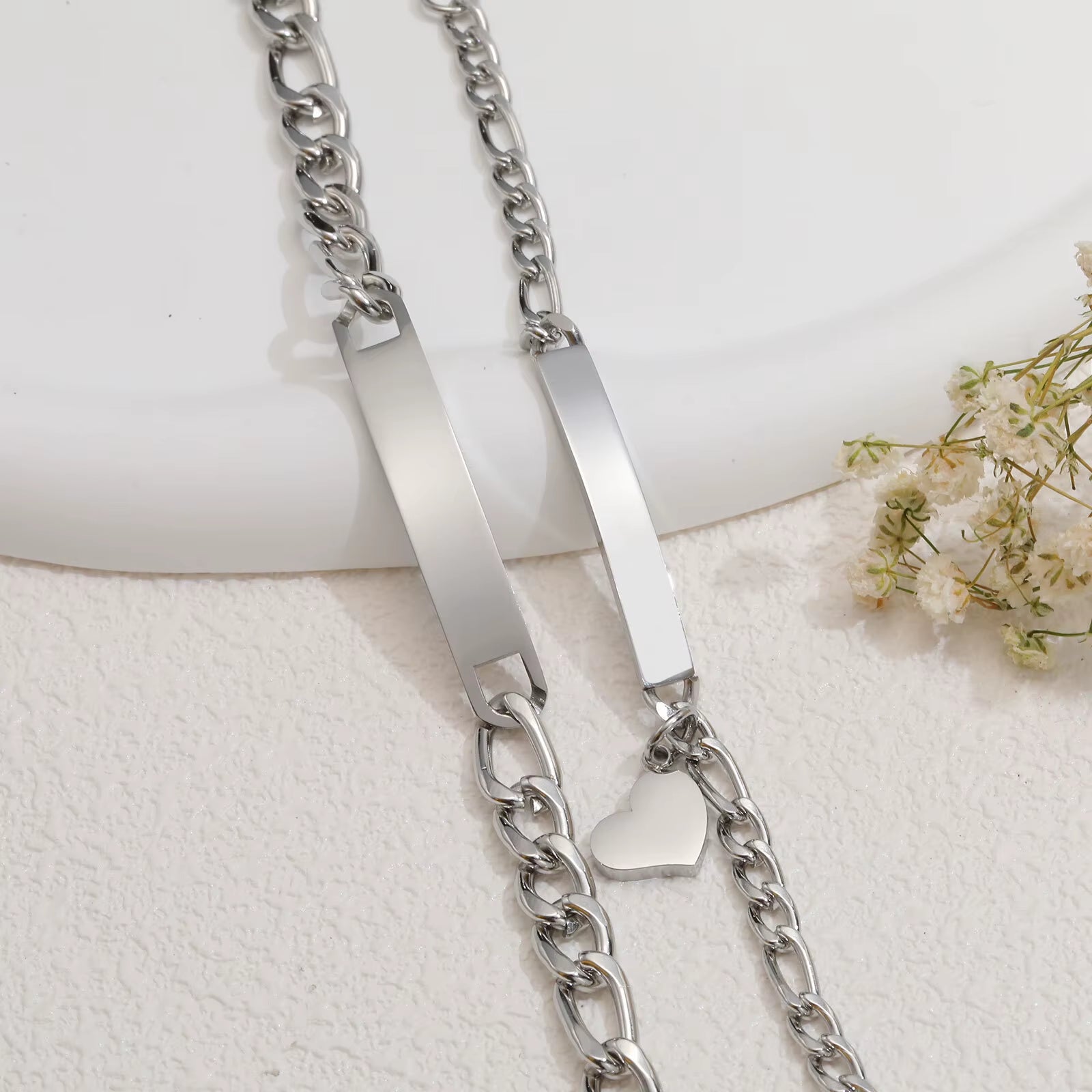 Custom Valentines Day Gift Jewelry for Couples, Love Promise Bracelets for Women Men, Heart Charm Figaro Chain Bracelets