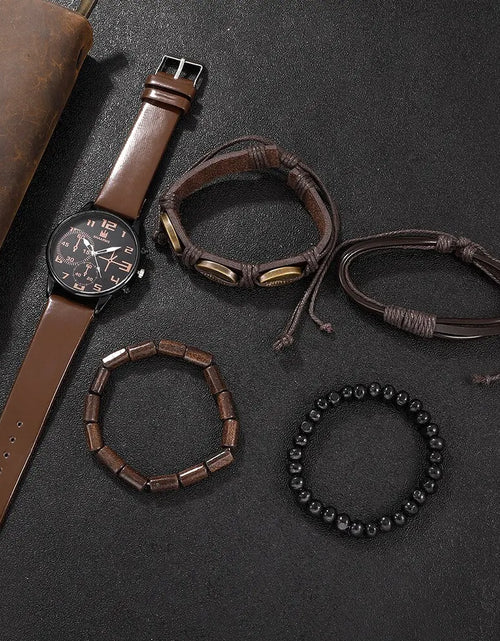 Load image into Gallery viewer, 5PCS Set Fashion Mens Sports Bracelet Watches for Men Retro Big Dial Quartz Wrist Watch Classic Male Casual Brown Leather Watch
