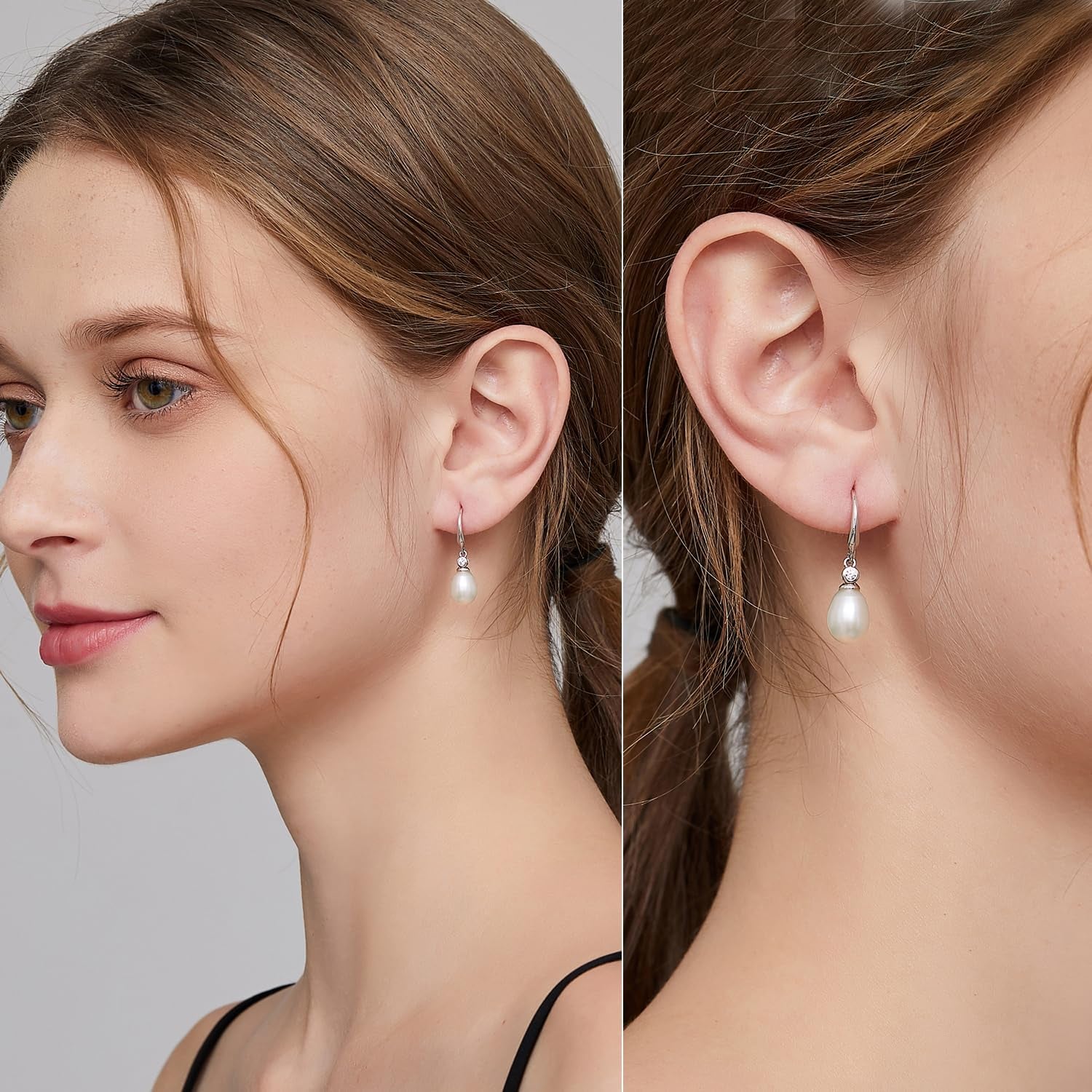 18K White Gold Plated Pearl Earrings, 925 Sterling Silver Pearl Drop Earrings for Women, Trendy Hook Jewelry