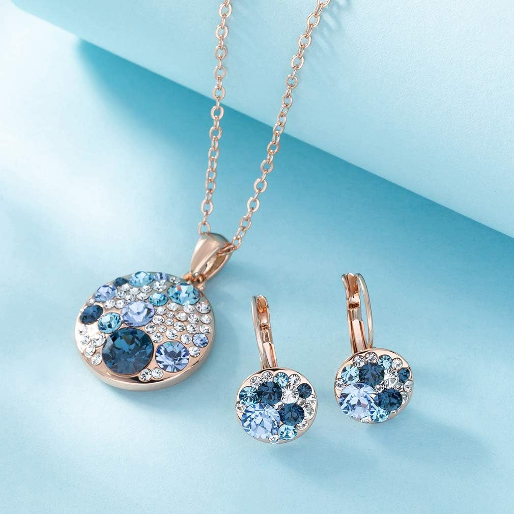 Austrian Crystals round Disc Pendant Necklace Earrings for Women 14K Gold Plated Hypoallergenic Jewelry Sets