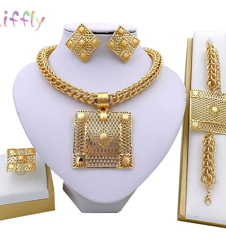 Gold African Jewelry Sets for Women Necklace Nigerian Bridal Wedding Costume Luxurious Jewelry Bracelets Earrings Rings