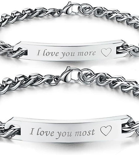 I Love You More 2Pcs Matching Couples Bracelets Stainless Steel Engraved Nameplate Adjustable Personalized Bracelets Set Gift for Couples Best Friends Love U More Most