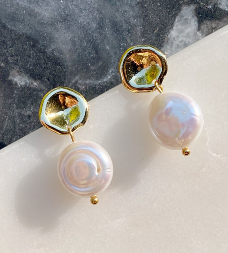 Golden Shell Pearl Drop Earrings