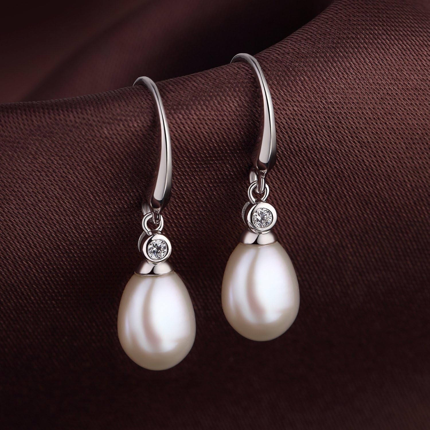 18K White Gold Plated Pearl Earrings, 925 Sterling Silver Pearl Drop Earrings for Women, Trendy Hook Jewelry
