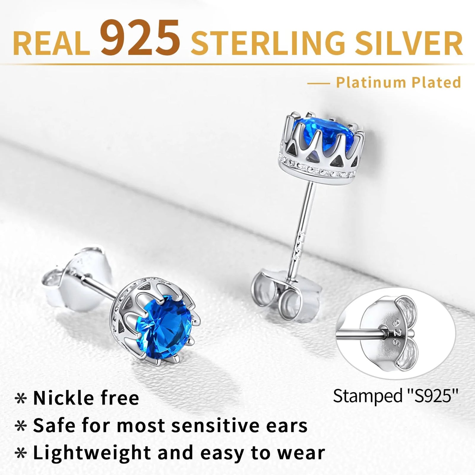 925 Sterling Silver Stud Earrings for Women 5Mm round Brilliant Crown Birthstone Birthday Party Prom Jewelry Gift
