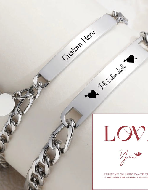 Load image into Gallery viewer, Custom Valentines Day Gift Jewelry for Couples, Love Promise Bracelets for Women Men, Heart Charm Figaro Chain Bracelets
