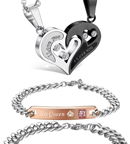 4Pcs Couple Necklace Bracelets Matching Set for Women Men Love Heart Pendant Necklace His & Hers Bracelets Couple Gift