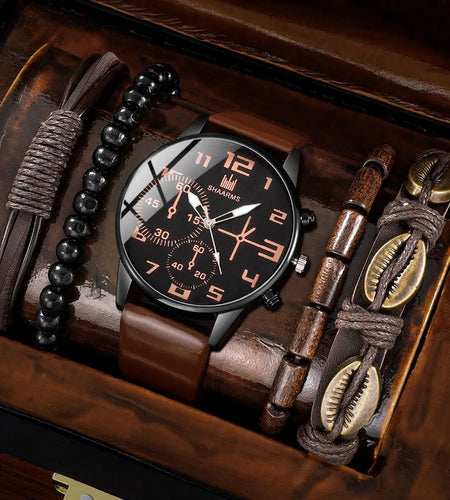 5PCS Set Fashion Mens Sports Bracelet Watches for Men Retro Big Dial Quartz Wrist Watch Classic Male Casual Brown Leather Watch