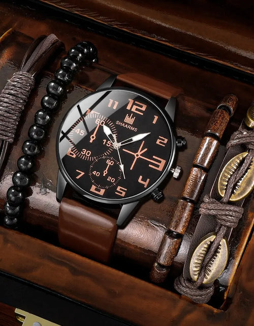 Load image into Gallery viewer, 5PCS Set Fashion Mens Sports Bracelet Watches for Men Retro Big Dial Quartz Wrist Watch Classic Male Casual Brown Leather Watch

