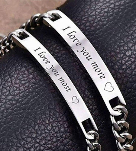 I Love You More 2Pcs Matching Couples Bracelets Stainless Steel Engraved Nameplate Adjustable Personalized Bracelets Set Gift for Couples Best Friends Love U More Most
