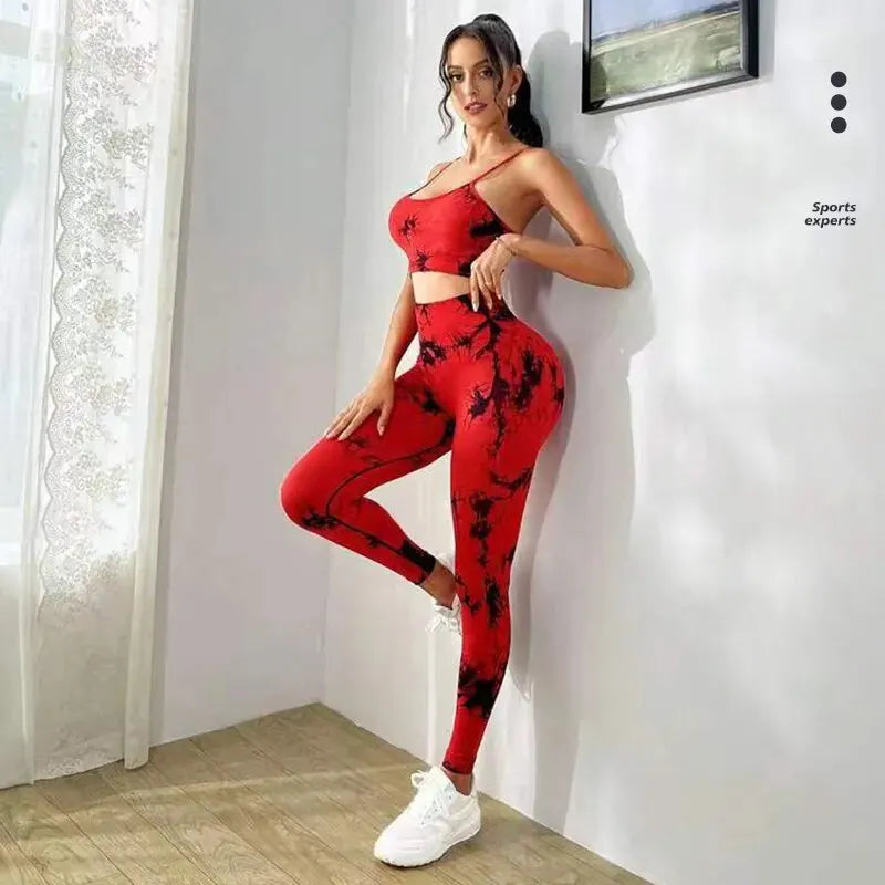 Tie Dye Women's Yoga Tracksuit - Seamless Fitness Set with Sports Bra and High Waist Leggings
