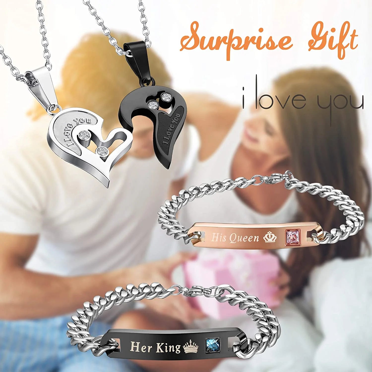 4Pcs Couple Necklace Bracelets Matching Set for Women Men Love Heart Pendant Necklace His & Hers Bracelets Couple Gift