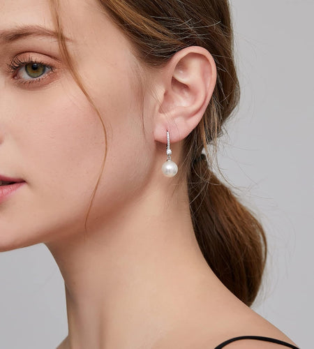 Pearl Dangle Earrings 925 Sterling Silver Pearl Earrings for Women 10Mm White/Black Pearls