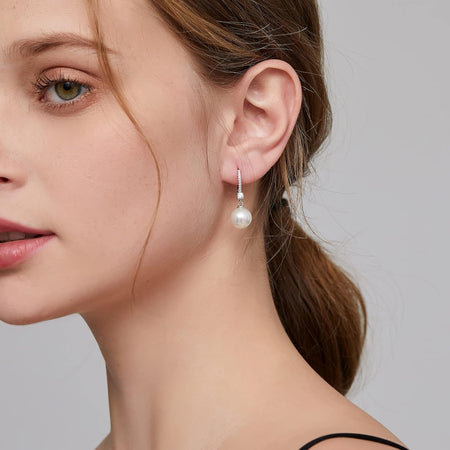 Pearl Dangle Earrings 925 Sterling Silver Pearl Earrings for Women 10Mm White/Black Pearls