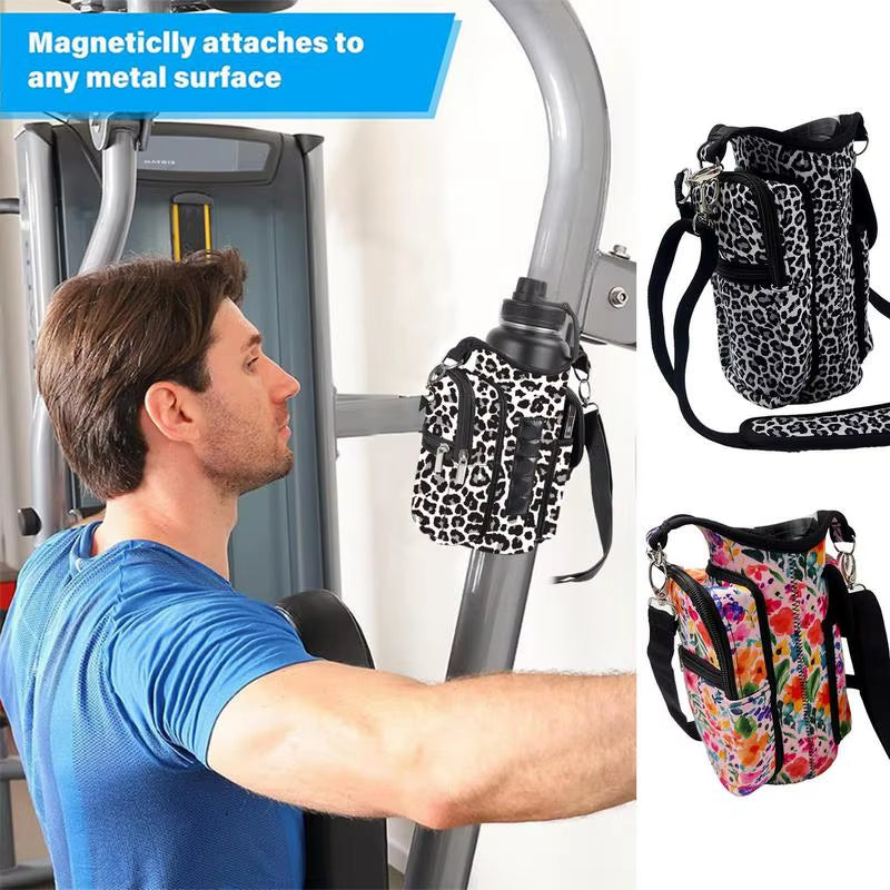 Fitness Magnetic Gym Water Bottle Bag Bottle Pouch Sling Bag Portable Magnetic Gym Bottle Organizer Pouch with Phone Pocket