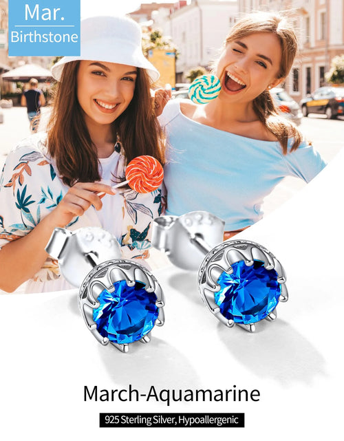 Load image into Gallery viewer, 925 Sterling Silver Stud Earrings for Women 5Mm round Brilliant Crown Birthstone Birthday Party Prom Jewelry Gift
