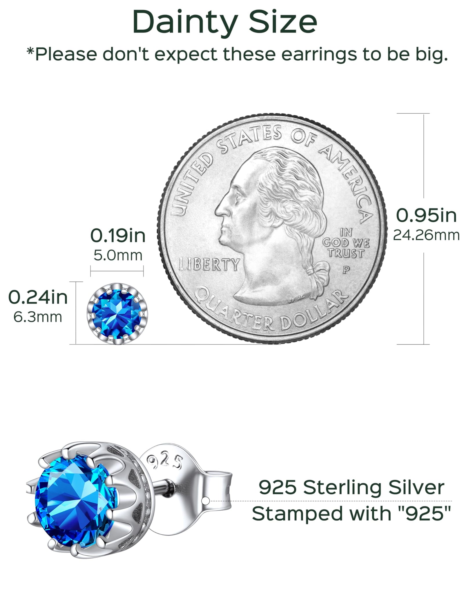 925 Sterling Silver Stud Earrings for Women 5Mm round Brilliant Crown Birthstone Birthday Party Prom Jewelry Gift