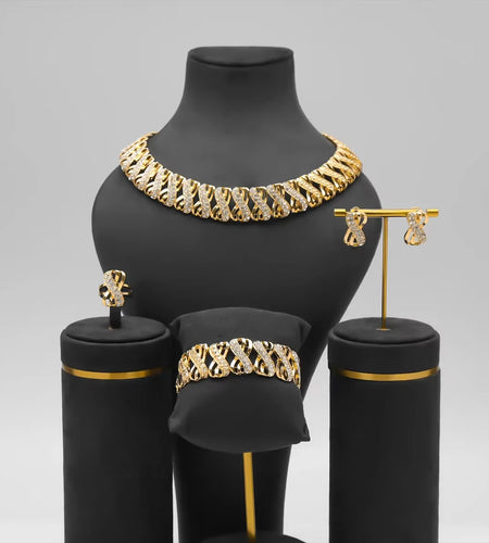Fashion 18K Gold Plated Jewelry Set Dubai African Choker Necklace Earrings Rings Wedding Bridal Jewellery Sets for Women