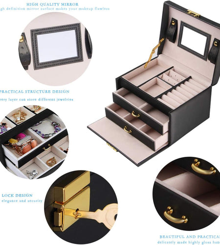 Jewelry Box 3-Layer Display Jewelry Box & Organizers with Lock and Mirror Portable Travel Jewelry Boxes for Women (Black)