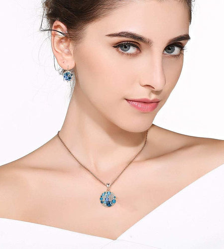 Austrian Crystals round Disc Pendant Necklace Earrings for Women 14K Gold Plated Hypoallergenic Jewelry Sets