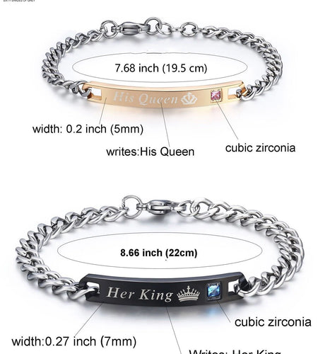 Stainless Steel Couple Bracelets His Queen Her King Bracelets for Couples Jewelry Matching Set Christmas Anniversary Valentine'S Day Gift (2 Pcs)