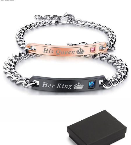 Stainless Steel Couple Bracelets His Queen Her King Bracelets for Couples Jewelry Matching Set Christmas Anniversary Valentine'S Day Gift (2 Pcs)