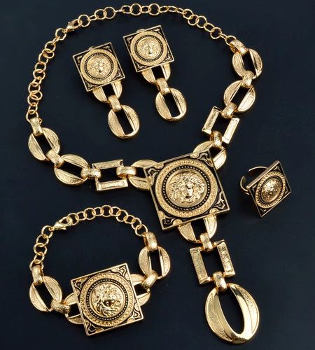 Jewelry Sets for Women 18K Gold Color African Jewellery Chain Necklace Bracelet Earrings Ring Wedding Party Lady Gift