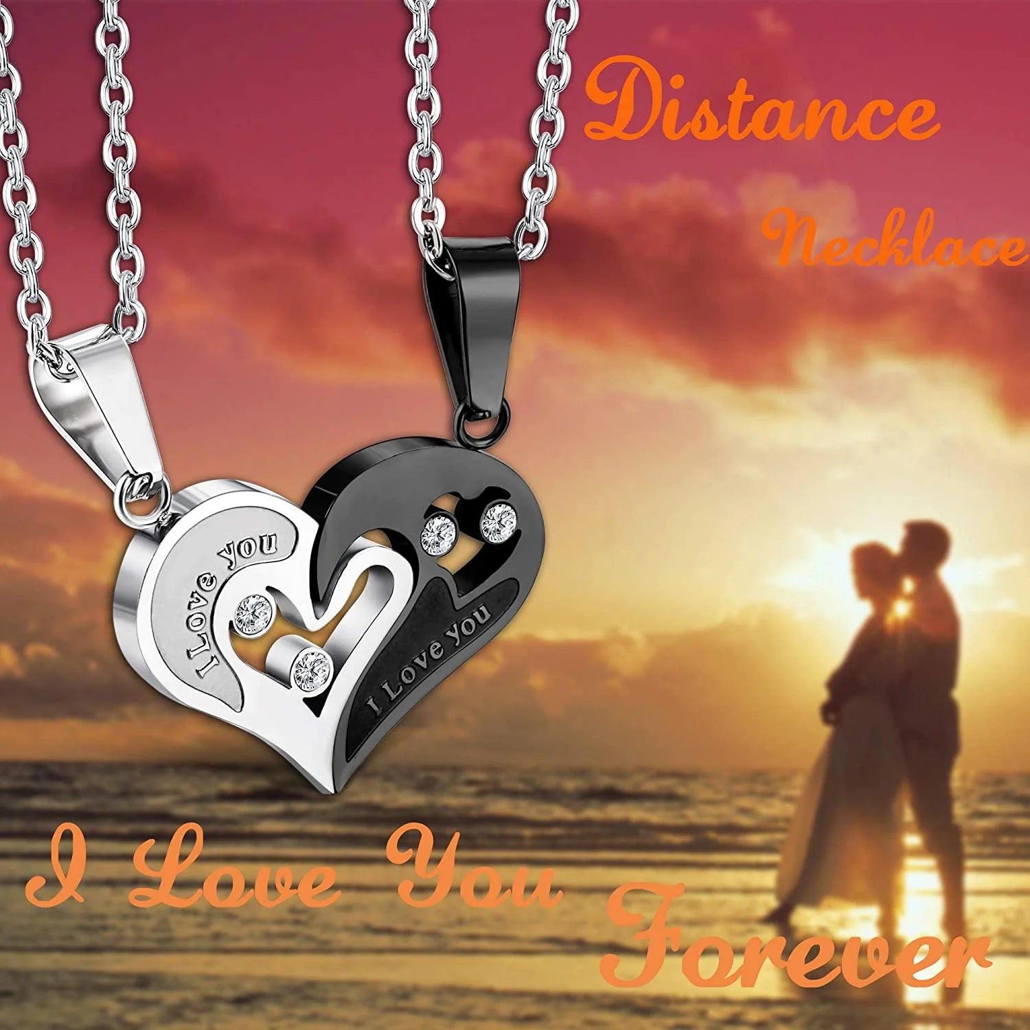 4Pcs Couple Necklace Bracelets Matching Set for Women Men Love Heart Pendant Necklace His & Hers Bracelets Couple Gift