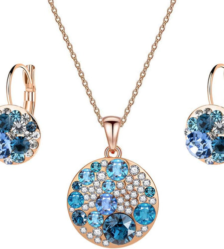 Austrian Crystals round Disc Pendant Necklace Earrings for Women 14K Gold Plated Hypoallergenic Jewelry Sets