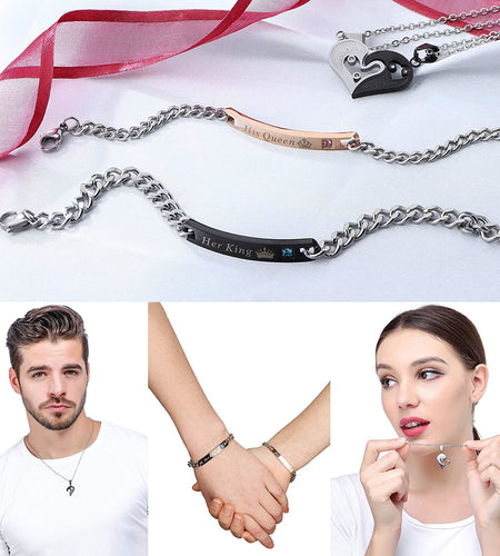 4Pcs Couple Necklace Bracelets Matching Set for Women Men Love Heart Pendant Necklace His & Hers Bracelets Couple Gift