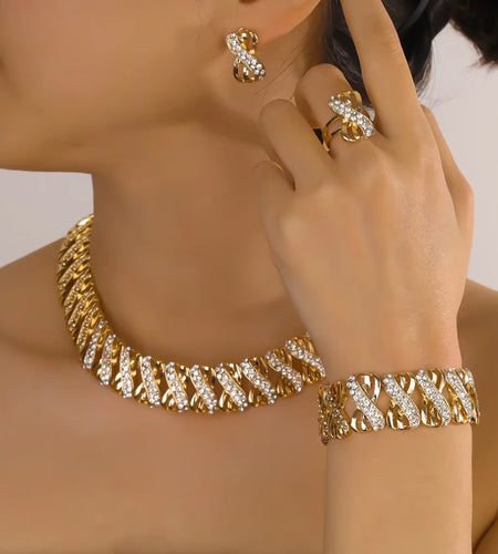 Fashion 18K Gold Plated Jewelry Set Dubai African Choker Necklace Earrings Rings Wedding Bridal Jewellery Sets for Women